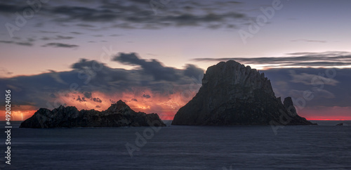 Es Vedra Island after sunset with lightnings   Ibiza 