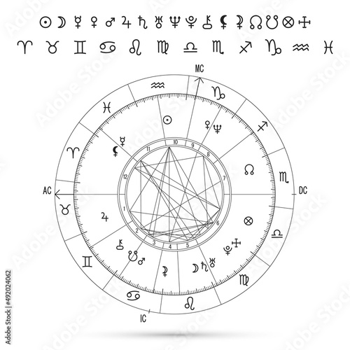 Diagram of the natal chart and symbols of the planets of the zodiac signs on a white background photo