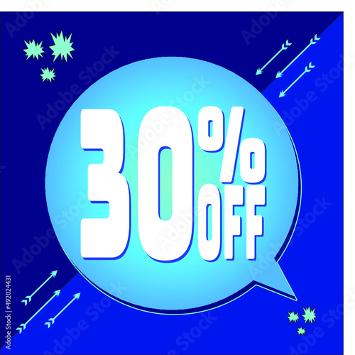 -30 percent discount. 30% discount. Up to 30%. Blue banner with floating balloon for promotions and offers. Up to. Vector photo