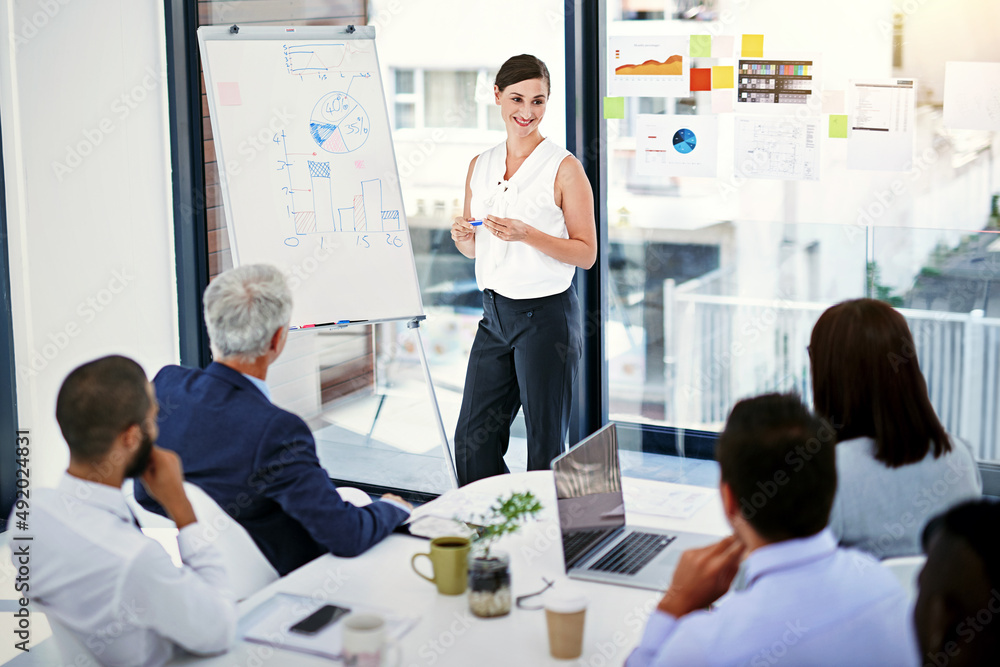 Sharing her visions with the team. Shot of businesswoman giving a presentation to colleagues in an office. Sharing her visions with the team. Shot of businesswoman giving a presentation to colleagues in an office.