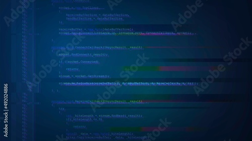 Vector background with glitched screen and computer program in development environment