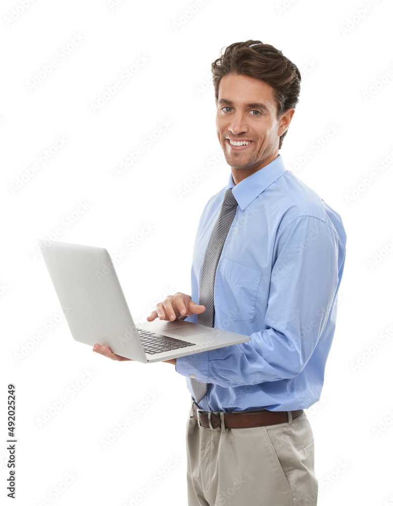 Business info at a key touch. Studio shot of a young businessman using a laptop isolated on white. Business info at a key touch. Studio shot of a young businessman using a laptop isolated on white.
