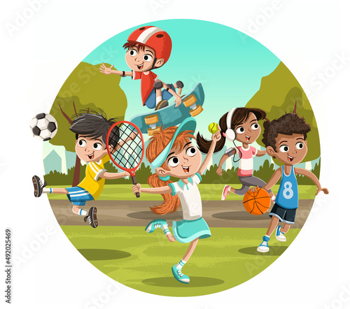 Cartoon kids playing various sports in the park. Children playing.
