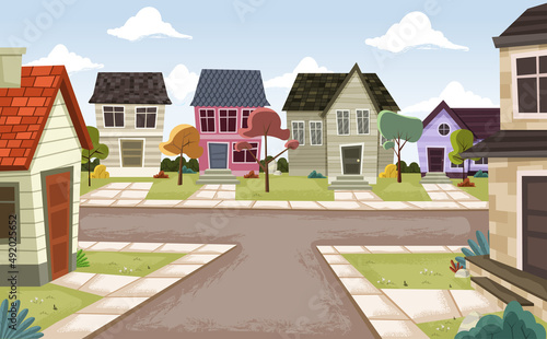 Colorful houses in suburb neighborhood. Green park landscape with grass, trees, flowers and clouds.
