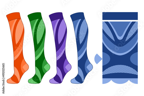 set sports compression socks mockup pattern template isolated