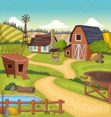 Cartoon colorful farm with barn, crops and lake .
