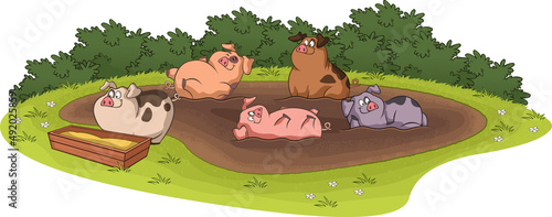 Cartoon cute pigs in the mudd. Funny happy pigs playing in the puddle of mudd.

