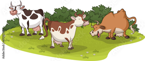 Cartoon cows grazing. Cattle on grass field.

