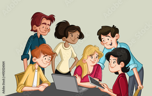 Business people working with computer. Office workspace with desks.