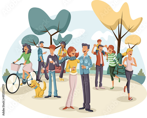 Group of cartoon people in the park with grass and trees. Nature landscape.

