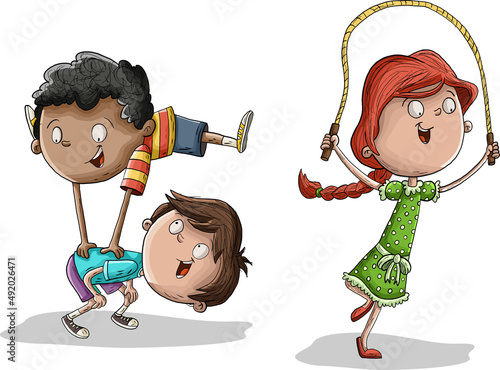 Cute happy cartoon children playing. Leapfrog and skip rope.
