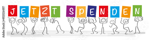 Banner mit Text - jetzt spenden -  Strichmännchenhalten halten Plakate - deutscher Text