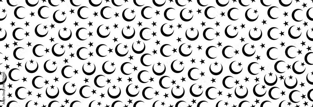 Crescent and star on a white background, seamless pattern. Crescent and star on a white background, seamless pattern.