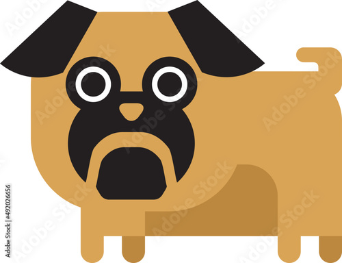 Pug as Dog Breed with Short-muzzled Face and Curled Tail Depicted in Flat Style