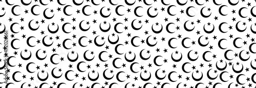 Crescent and star on a white background, seamless pattern. 