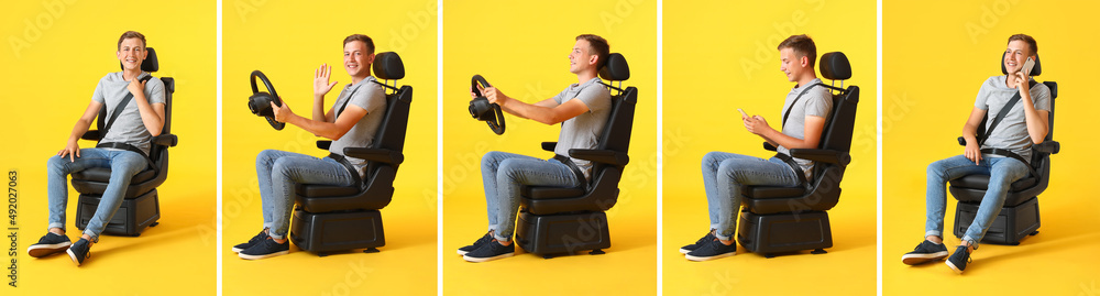 Man in car seat on color background Man in car seat on color background