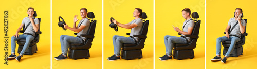 Man in car seat on color ba...