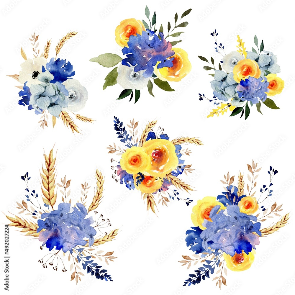 Watercolor blue and yellow bouquets with wheal Watercolor blue and yellow bouquets with wheal