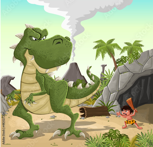 Cartoon cavemen in front of a cave with Tyrannosaurus Rex dinosaur. Stone age people.

