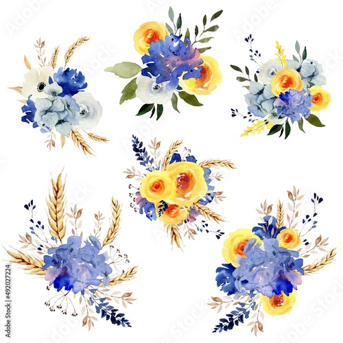 Watercolor blue and yellow bouquets with wheal