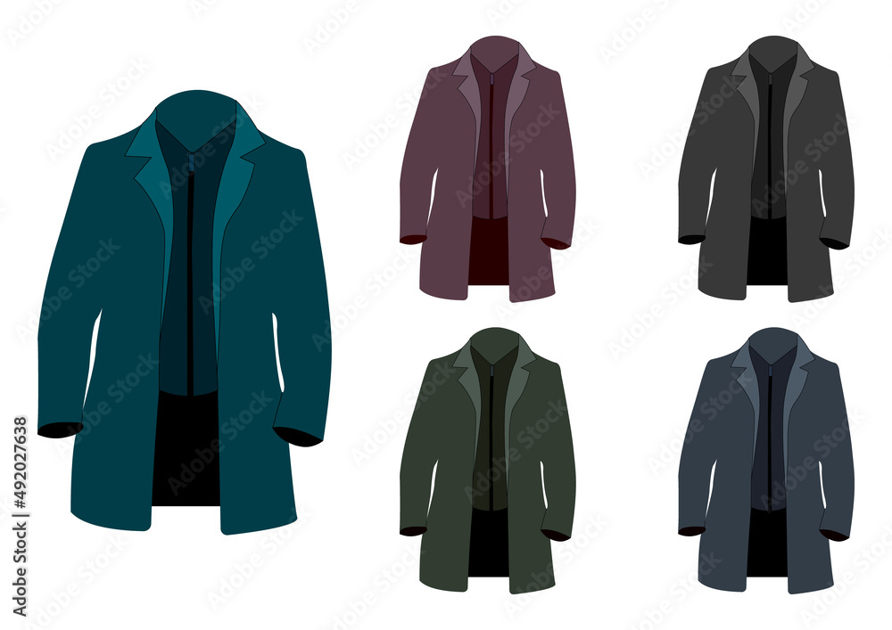Set of fashionable men's coats. Outerwear model. Isometric flat style. Set of fashionable men's coats. Outerwear model. Isometric flat style.