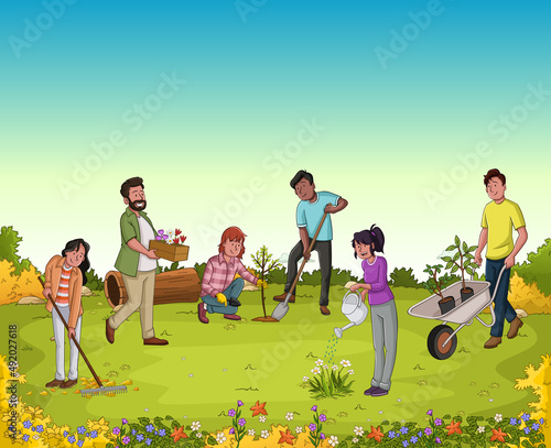 Cartoon people gardening. People working in the garden.
