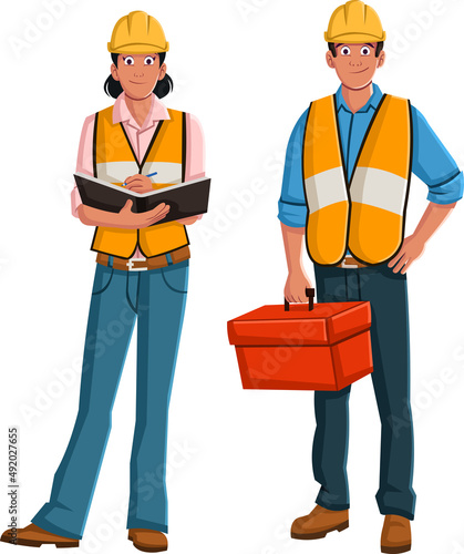 Workers wearing safety vest and helmet. Worker with working tool box. 



