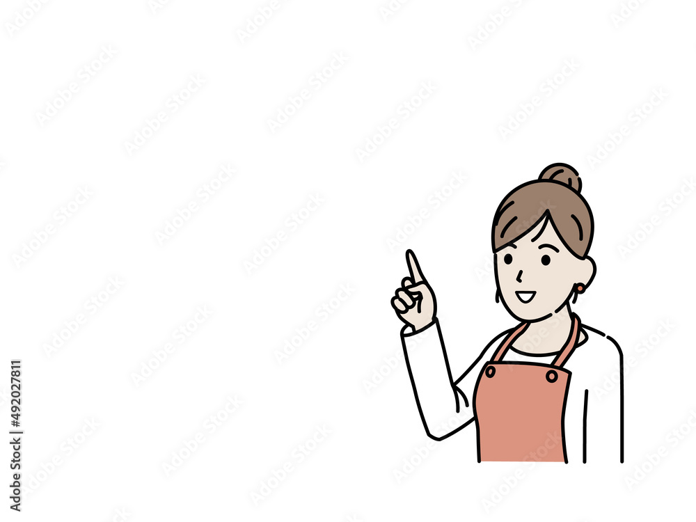 上に指をさす主婦 エプロン姿の女性 話す 説明 ポーズ コピースペース Stock ベクター Adobe Stock