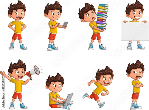 Happy cartoon kid in different activities. Mascot boy with different poses and emotions.
