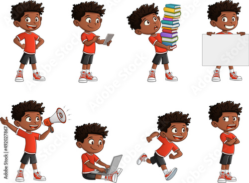 Happy cartoon black kid in different activities. Mascot boy with different poses and emotions.