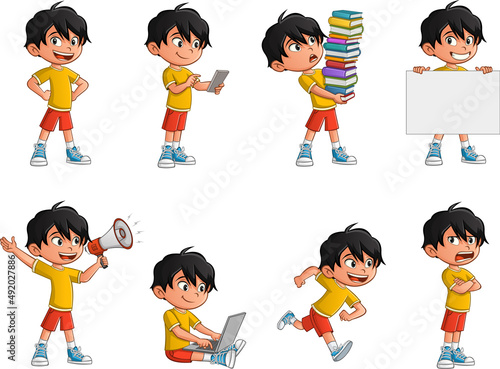 Happy cartoon asian kid in different activities. Mascot boy with different poses and emotions.