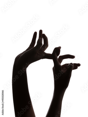 Silhouette of female hands on white background