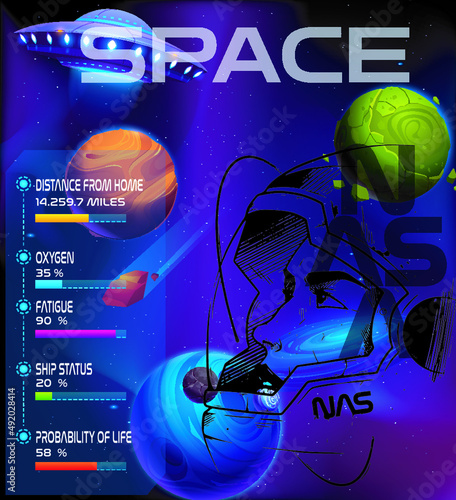 Space. Vector abstract illustrations of an astronaut  planets, galaxy, mars, future, earth and stars. Science fiction cartoon for poster, cover or background