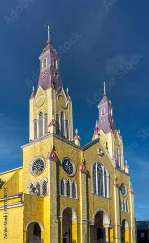 The magnificent Church of San Francisco, Plaza de Armas, Castro, Chiloé Island, Chile. Chilean National Monument and UNESCO World Heritage Site