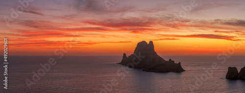 Es vedra at sunset with red sky , panorama , Ibiza photo
