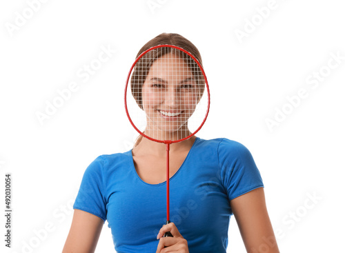 Sporty female badminton pla...