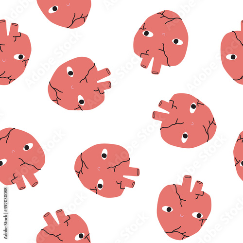 Red heart character seamless pattern. Funny print. Vector hand drawn illustration.