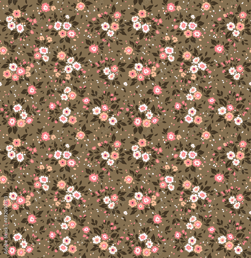 Vector seamless pattern. Pretty pattern in small flowers. Small colorful pastel flowers. Pale brown background. Ditsy floral background. The elegant the template for fashion prints. Stock vector.
