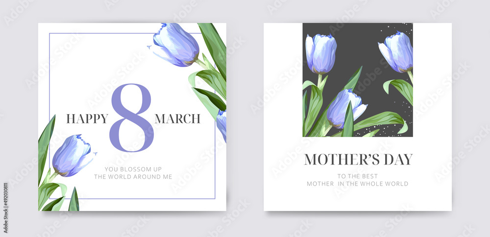 Mother's Day, 8 march woman's day vector editable cute greeting card, poster, banner. Watercolor purple tulip flowers, green leaf bouquet floral frame. Spring, stylish, botanical postcard template set