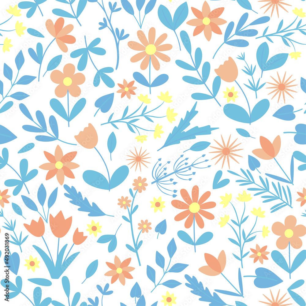Flowers and herbs spring seamless pattern. Floral leafy background. Folklore template for wallpaper, paper and fabric vector illustration