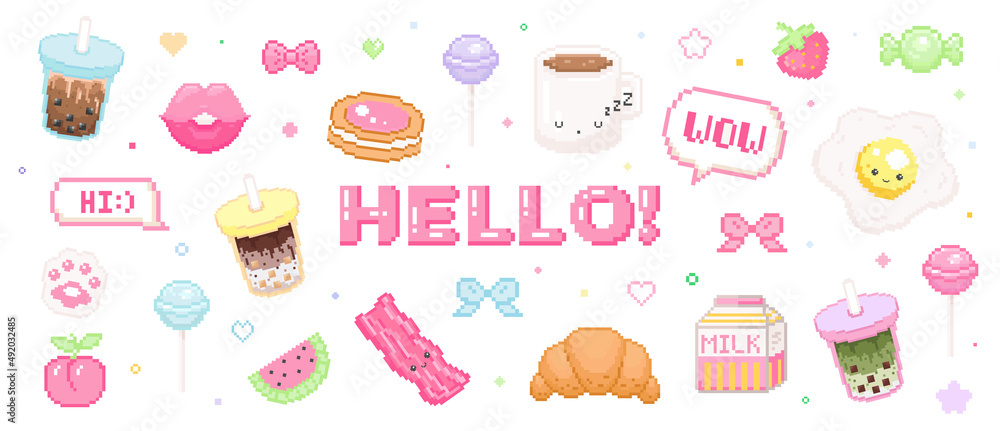 Pixel art 8 90s game vector stickers. labels, stamps, of cute food, drinks and sweets. 8 bit pixel candy, lollipop, egg and beacon, wow and hello text. Japanese kawaii elements. Pixel art 8 90s game vector stickers. labels, stamps, of cute food, drinks and sweets. 8 bit pixel candy, lollipop, egg and beacon, wow and hello text. Japanese kawaii elements.
