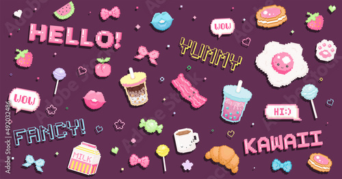 Pixel art cute stickers and badges set. Collection of vector 8 bit style gaming elements.