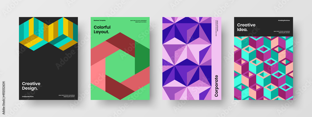 Amazing company identity A4 vector design illustration bundle. Minimalistic mosaic shapes corporate brochure template set.