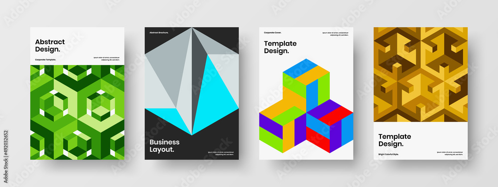 Amazing presentation A4 design vector concept bundle. Multicolored mosaic hexagons company identity layout collection.