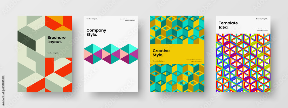 Clean geometric shapes company identity layout collection. Amazing pamphlet vector design template bundle.