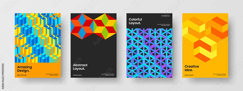 Modern company identity A4 design vector illustration set. Colorful mosaic shapes booklet template composition.