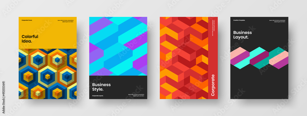 Multicolored postcard vector design illustration set. Premium geometric tiles magazine cover concept composition.