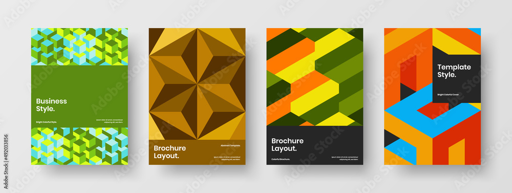 Fototapeta premium Premium geometric shapes leaflet template bundle. Vivid journal cover design vector layout set.