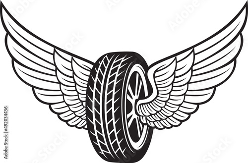 Wheel (tyre) and wings black and white. Vector illustration.