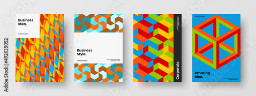 Unique geometric shapes handbill concept bundle. Colorful booklet vector design illustration set.